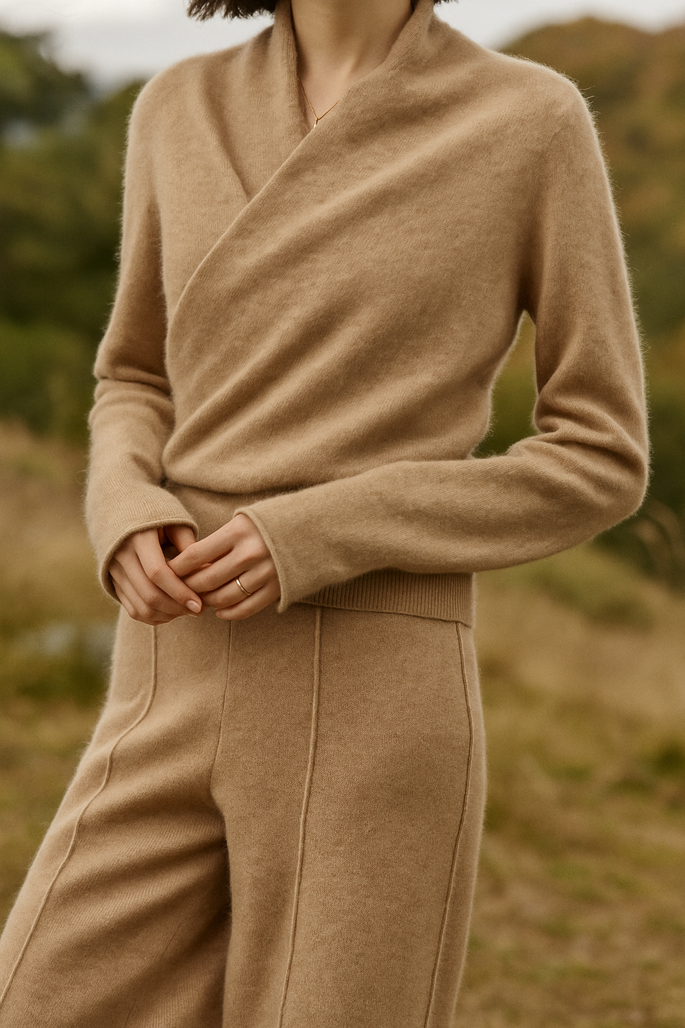 Women's V-Neck Fuzzy Knit Sweater with Wrap Front - Cozy & Stylish Pullover