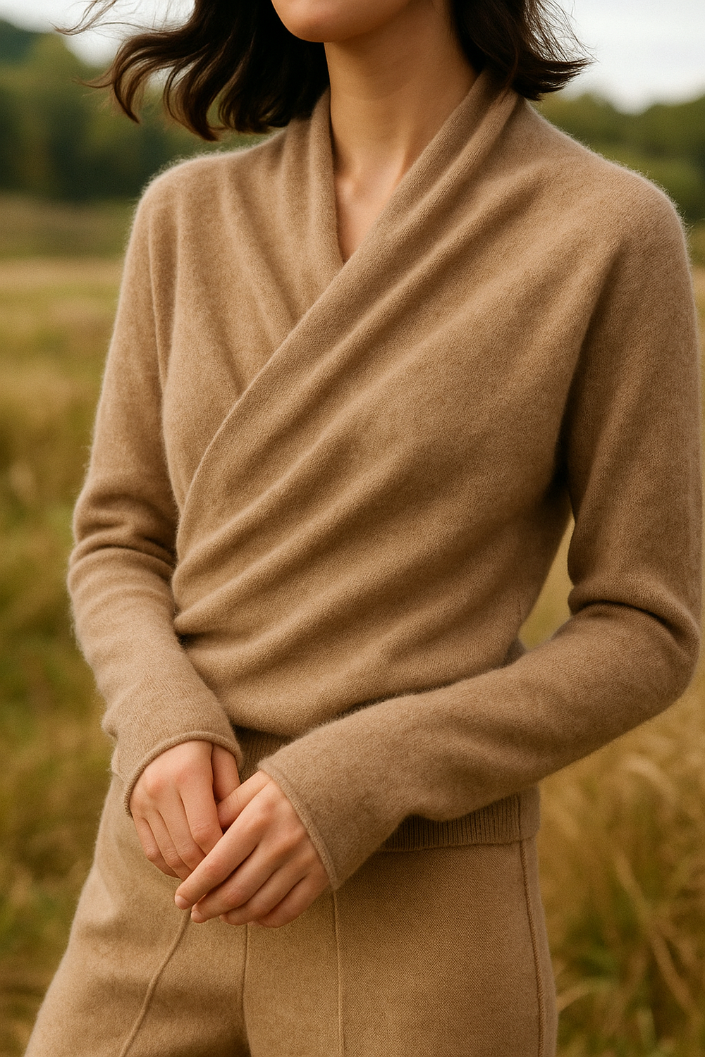 Women's V-Neck Fuzzy Knit Sweater with Wrap Front - Cozy & Stylish Pullover