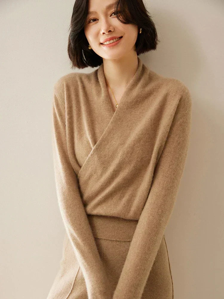 Women's V-Neck Fuzzy Knit Sweater with Wrap Front - Cozy & Stylish Pullover