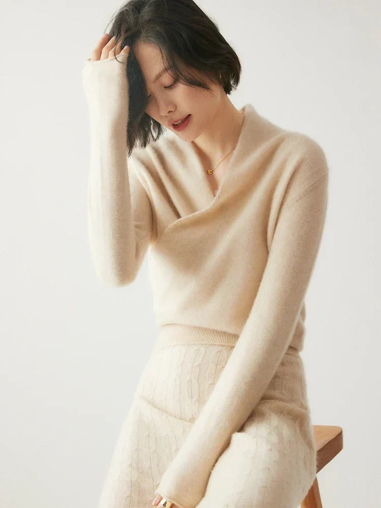 Women's V-Neck Fuzzy Knit Sweater with Wrap Front - Cozy & Stylish Pullover