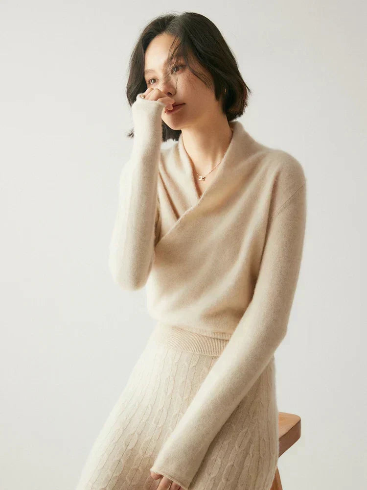 Women's V-Neck Fuzzy Knit Sweater with Wrap Front - Cozy & Stylish Pullover