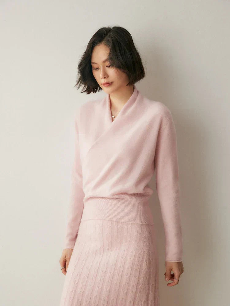 Women's V-Neck Fuzzy Knit Sweater with Wrap Front - Cozy & Stylish Pullover