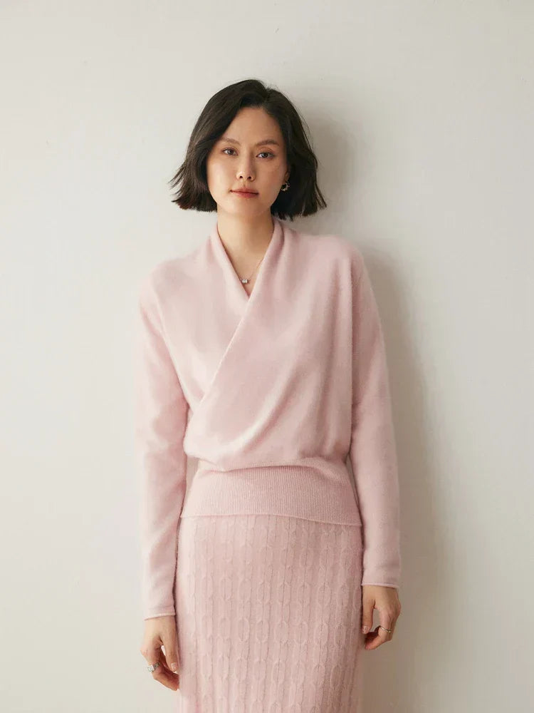 Women's V-Neck Fuzzy Knit Sweater with Wrap Front - Cozy & Stylish Pullover