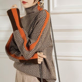 Sophia | Women's Herringbone Contrast-Trim Oversized Turtleneck Sweater