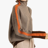 Women's Herringbone Knit Turtleneck Sweater with Striped Sleeves - Cozy & Stylish Fall Fashion