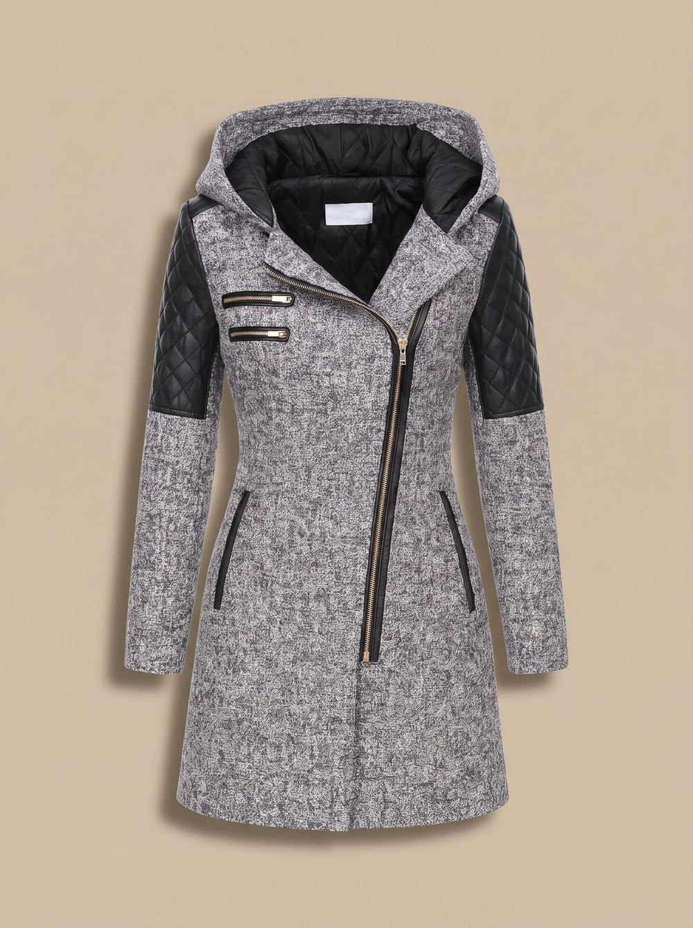 Luna | Women's Hooded Asymmetric-Zip Quilted-Panel Wool-Blend Coat