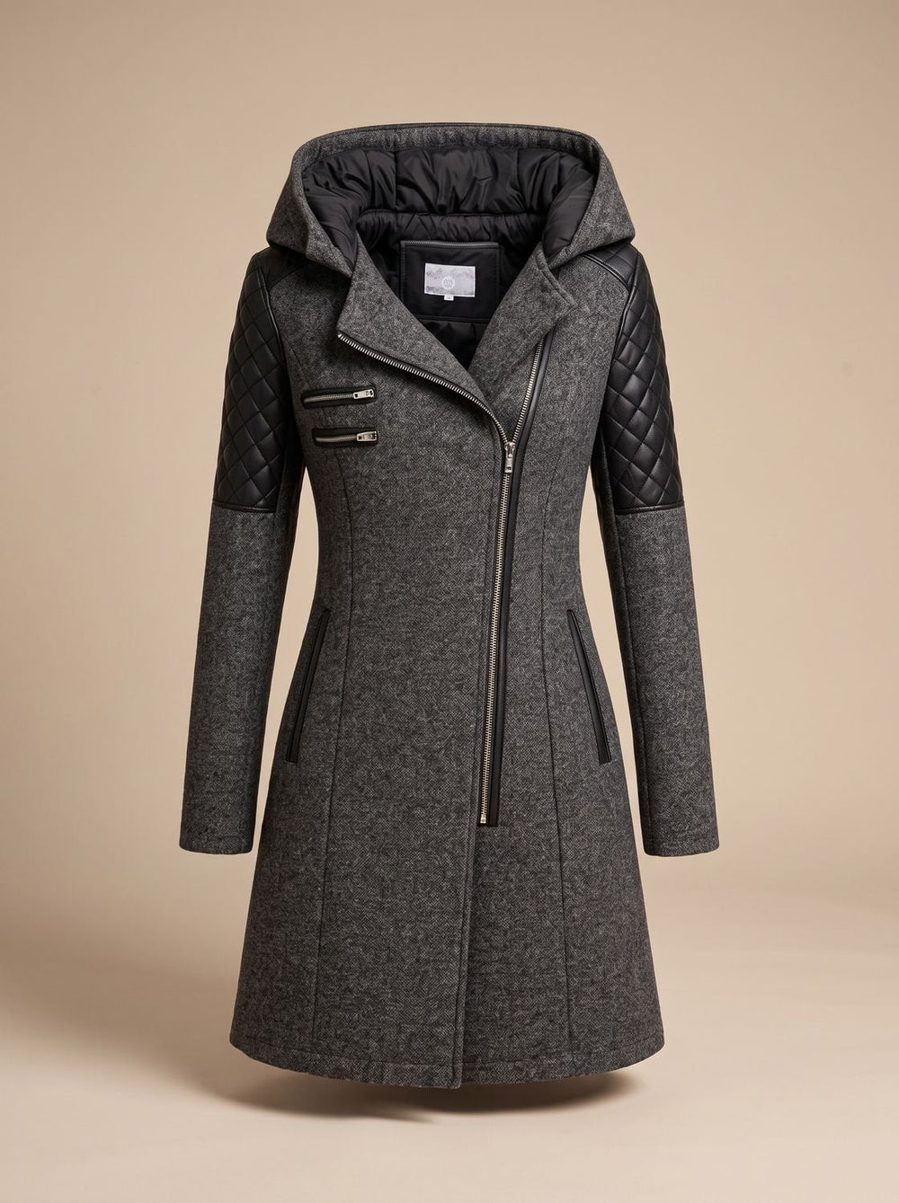 Luna | Women's Hooded Asymmetric-Zip Quilted-Panel Wool-Blend Coat