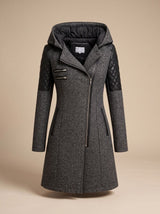 Luna | Women's Hooded Asymmetric-Zip Quilted-Panel Wool-Blend Coat