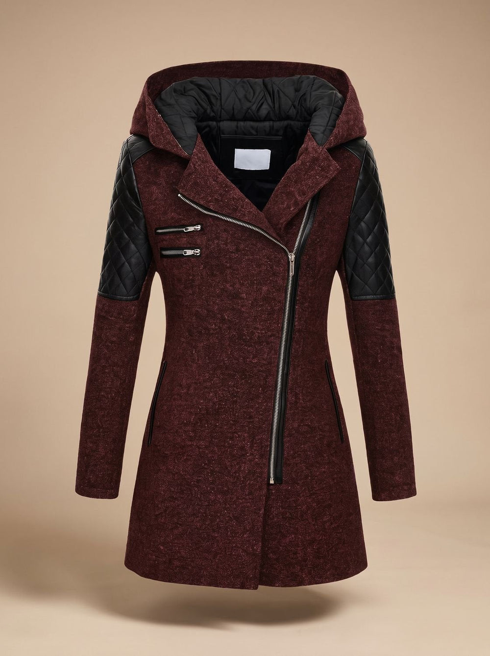 Luna | Women's Hooded Asymmetric-Zip Quilted-Panel Wool-Blend Coat