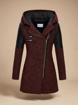 Luna | Women's Hooded Asymmetric-Zip Quilted-Panel Wool-Blend Coat
