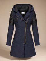 Luna | Women's Hooded Asymmetric-Zip Quilted-Panel Wool-Blend Coat