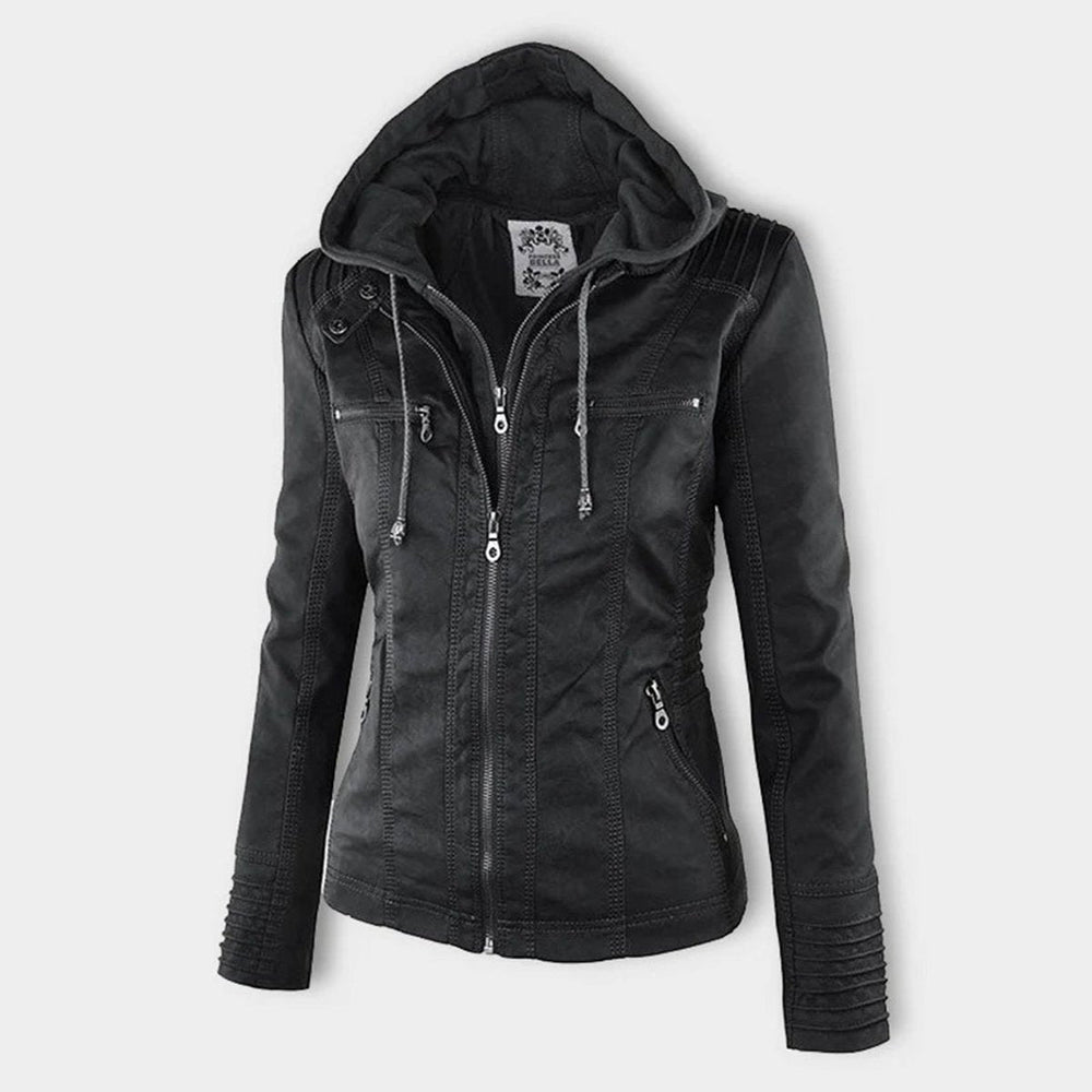 Charlotte | Women's Hooded Faux Leather Moto Coat Removable Hood