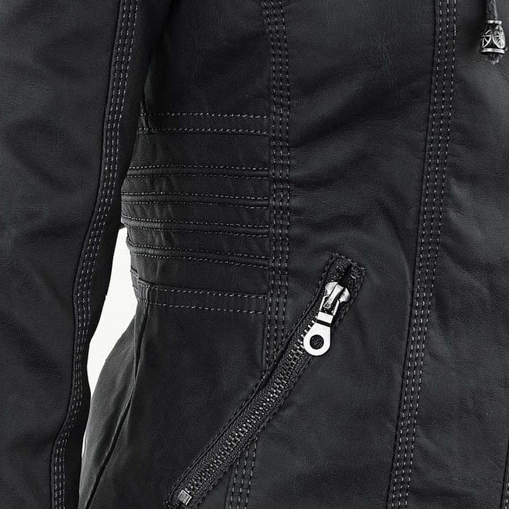 Charlotte | Women's Hooded Faux Leather Moto Coat Removable Hood