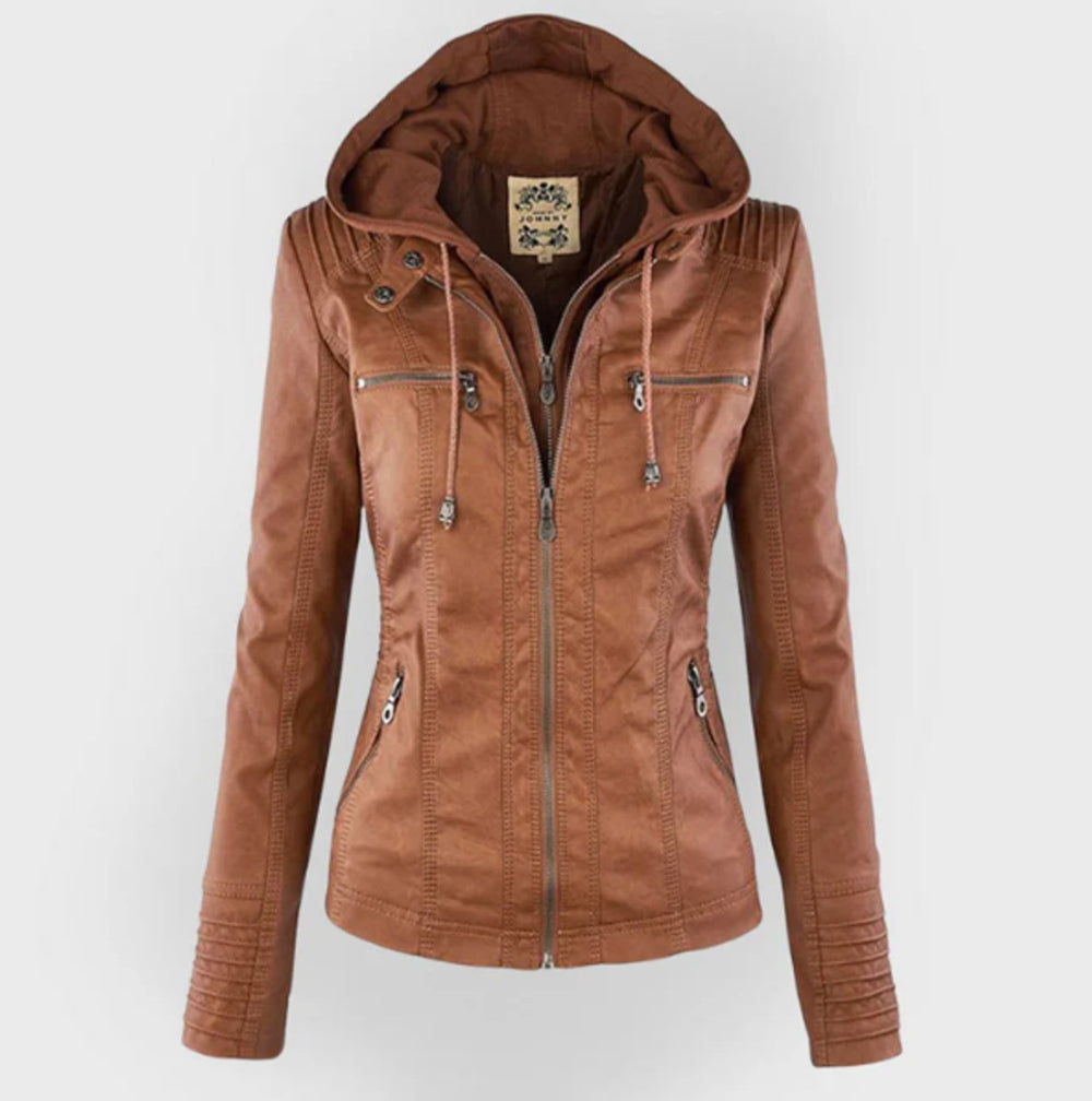 Victoria | Women's Hooded Faux Leather Moto Jacket Zip-Up