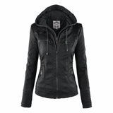 Amelia | Women's Hooded Moto Faux Leather Jacket Removable Hood