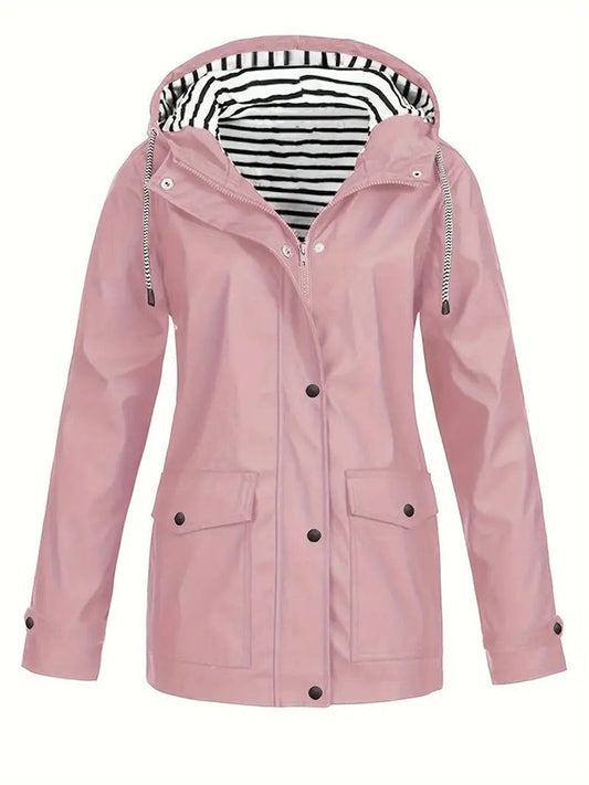 Women's Waterproof Rain Coat – Hooded, Zip-Up & Striped Lining
