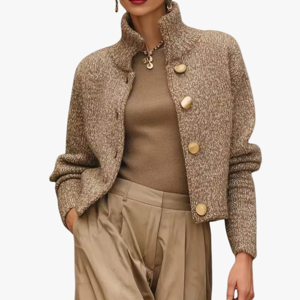Women's Cozy Knit Blend Sweater Jacket - Stylish Stand Collar & Button Front Design