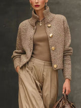 Women's Cozy Knit Blend Sweater Jacket - Stylish Stand Collar & Button Front Design