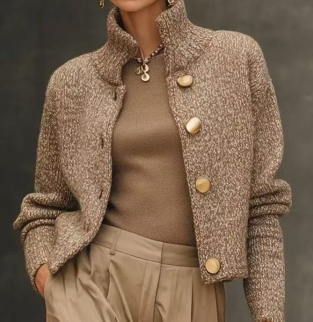 Women's Cozy Knit Blend Sweater Jacket - Stylish Stand Collar & Button Front Design