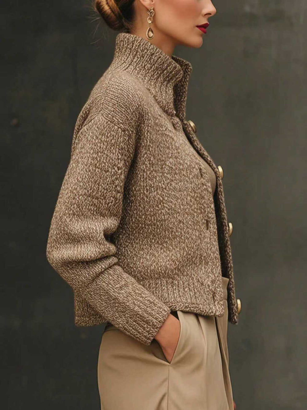 Women's Cozy Knit Blend Sweater Jacket - Stylish Stand Collar & Button Front Design