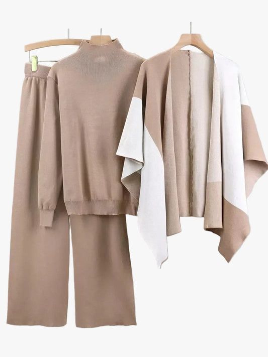 Women's Mock Neck Knit Blend Sweater Set with Open-Front Cape - Stylish & Cozy Layering Piece