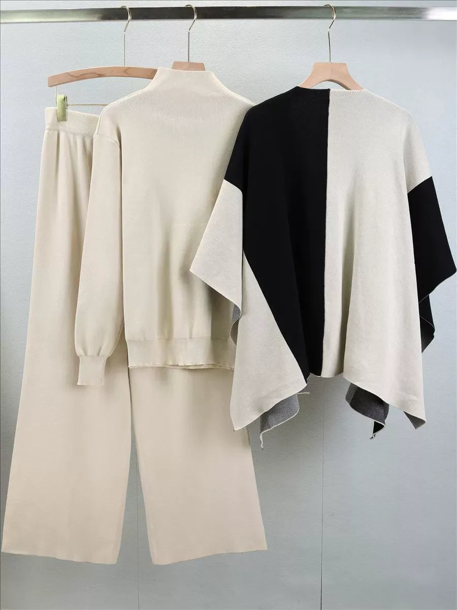 Women's Mock Neck Knit Blend Sweater Set with Open-Front Cape - Stylish & Cozy Layering Piece