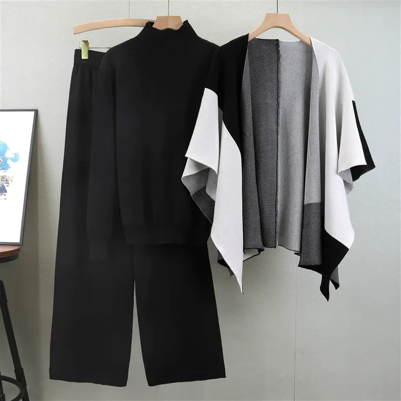 Women's Mock Neck Knit Blend Sweater Set with Open-Front Cape - Stylish & Cozy Layering Piece