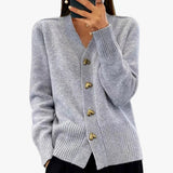 Women's V-Neck Knit Cardigan with Heart Button Front - Cozy & Stylish Layering Sweater