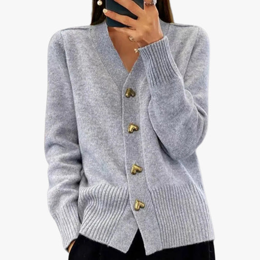 Women's V-Neck Knit Cardigan with Heart Button Front - Cozy & Stylish Layering Sweater