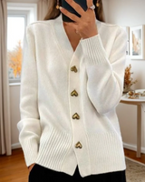 Women's V-Neck Knit Cardigan with Heart Button Front - Cozy & Stylish Layering Sweater