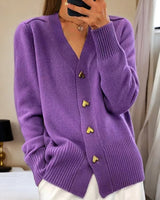 Women's V-Neck Knit Cardigan with Heart Button Front - Cozy & Stylish Layering Sweater