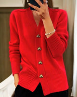 Women's V-Neck Knit Cardigan with Heart Button Front - Cozy & Stylish Layering Sweater