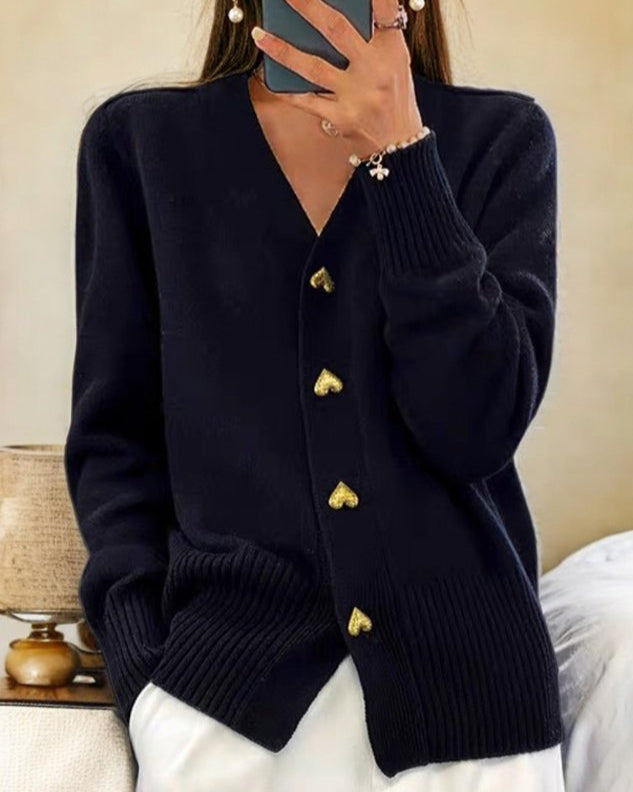 Women's V-Neck Knit Cardigan with Heart Button Front - Cozy & Stylish Layering Sweater