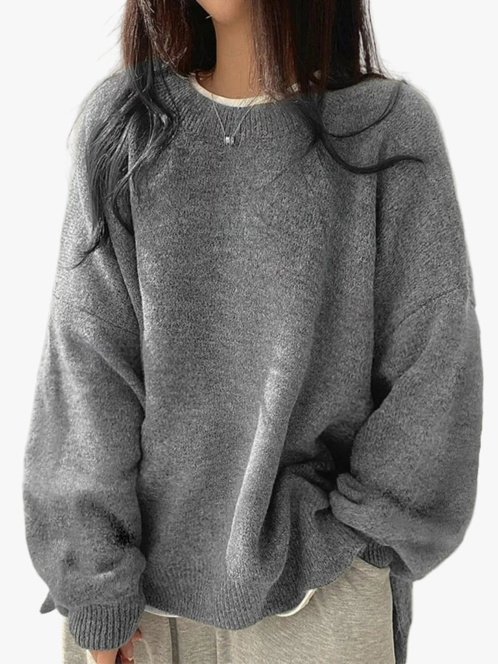 Women's Cozy Knit Crewneck Sweater with Drop Shoulders & Stylish Side Slits - Perfect for Layering