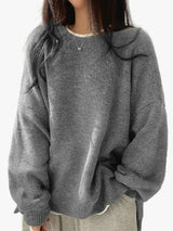 Women's Cozy Knit Crewneck Sweater with Drop Shoulders & Stylish Side Slits - Perfect for Layering