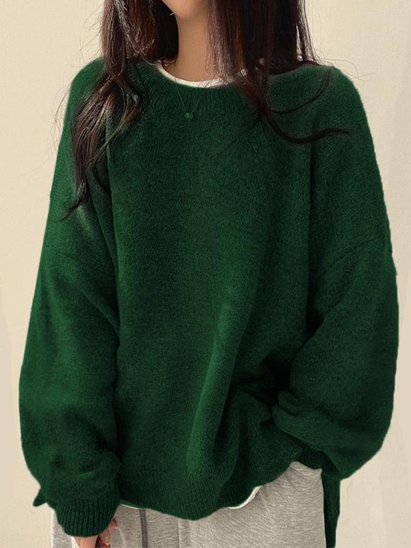 Women's Cozy Knit Crewneck Sweater with Drop Shoulders & Stylish Side Slits - Perfect for Layering