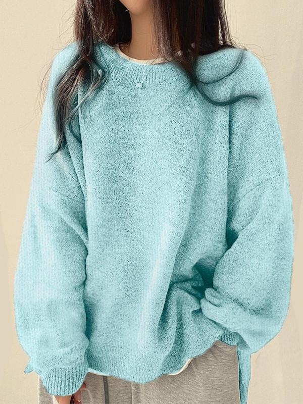 Women's Cozy Knit Crewneck Sweater with Drop Shoulders & Stylish Side Slits - Perfect for Layering