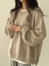 Women's Cozy Knit Crewneck Sweater with Drop Shoulders & Stylish Side Slits - Perfect for Layering