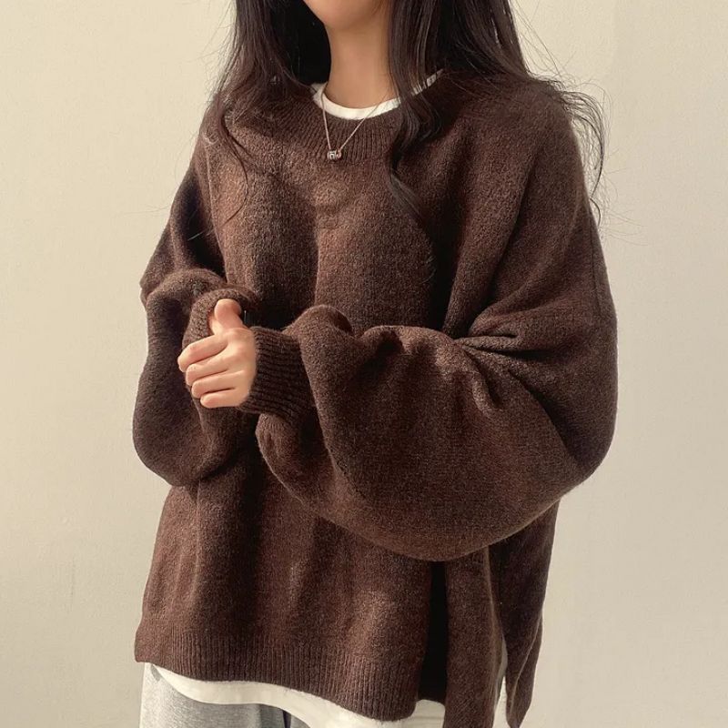 Women's Cozy Knit Crewneck Sweater with Drop Shoulders & Stylish Side Slits - Perfect for Layering