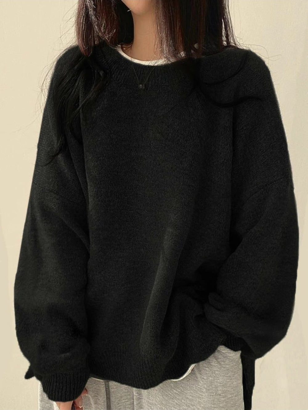 Women's Cozy Knit Crewneck Sweater with Drop Shoulders & Stylish Side Slits - Perfect for Layering