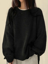 Women's Cozy Knit Crewneck Sweater with Drop Shoulders & Stylish Side Slits - Perfect for Layering