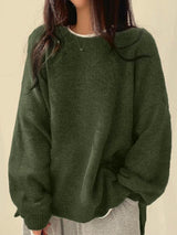 Women's Cozy Knit Crewneck Sweater with Drop Shoulders & Stylish Side Slits - Perfect for Layering