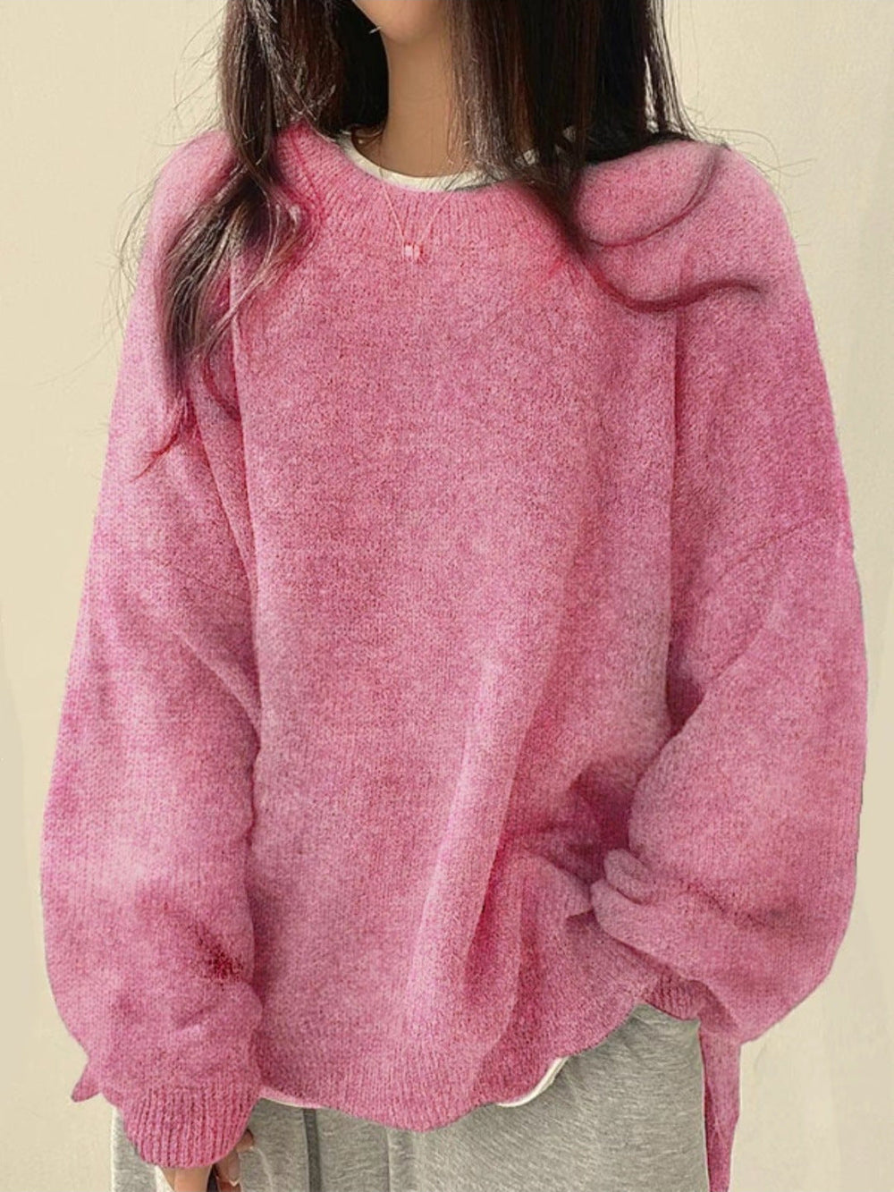 Women's Cozy Knit Crewneck Sweater with Drop Shoulders & Stylish Side Slits - Perfect for Layering