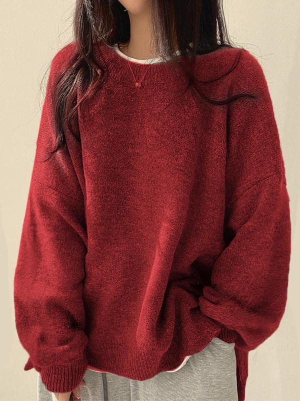 Women's Cozy Knit Crewneck Sweater with Drop Shoulders & Stylish Side Slits - Perfect for Layering