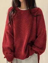 Women's Cozy Knit Crewneck Sweater with Drop Shoulders & Stylish Side Slits - Perfect for Layering