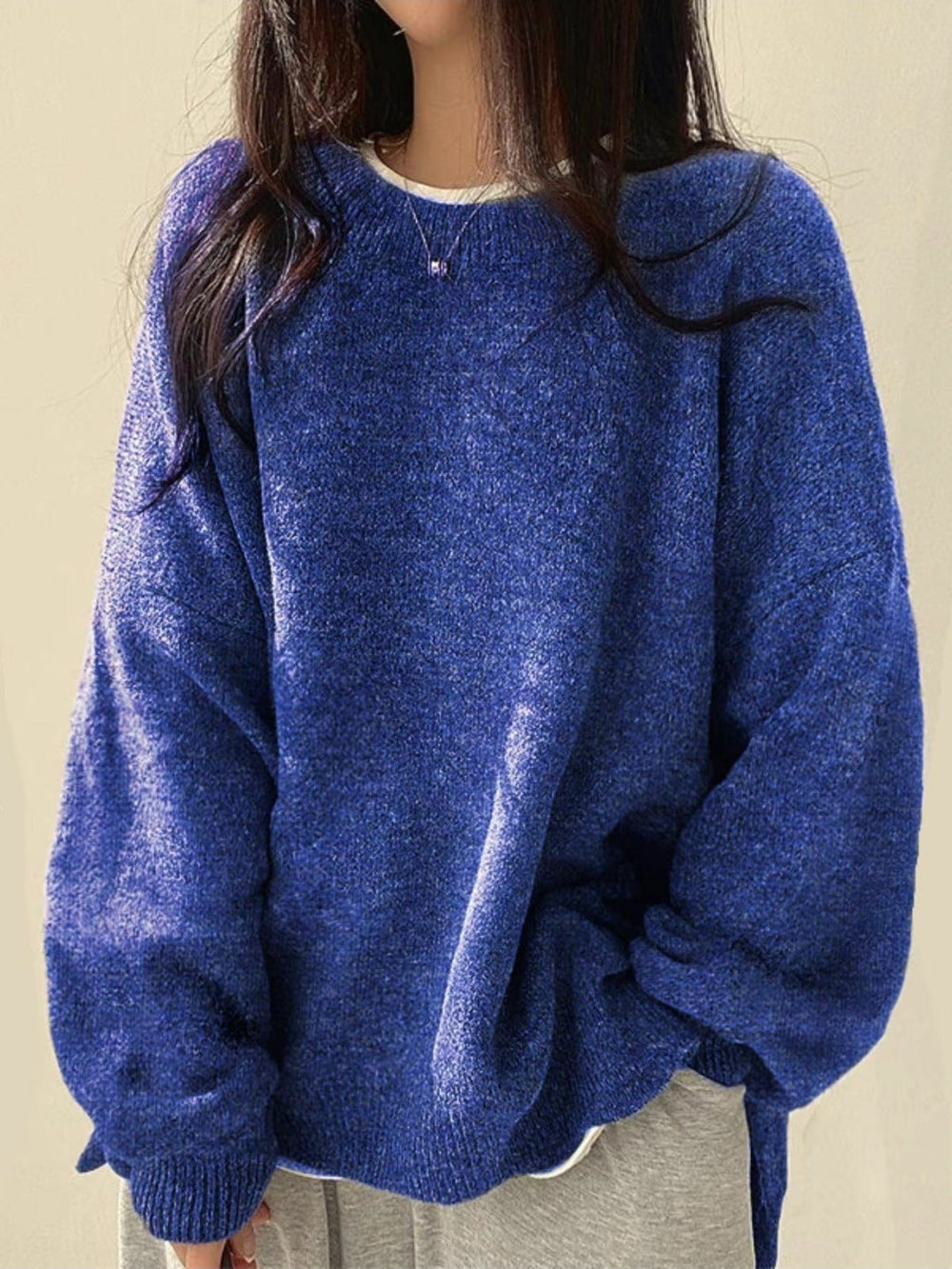 Women's Cozy Knit Crewneck Sweater with Drop Shoulders & Stylish Side Slits - Perfect for Layering