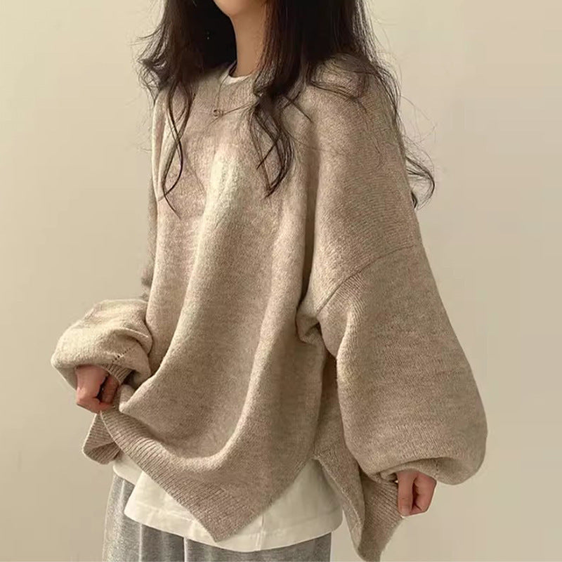 Women's Cozy Knit Crewneck Sweater with Drop Shoulders & Stylish Side Slits - Perfect for Layering