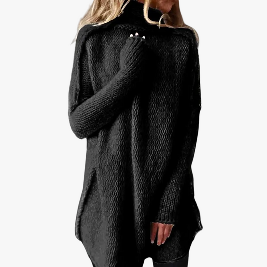 Women's Turtleneck Knit Pullover Sweater - Longline Hem, Cozy & Stylish