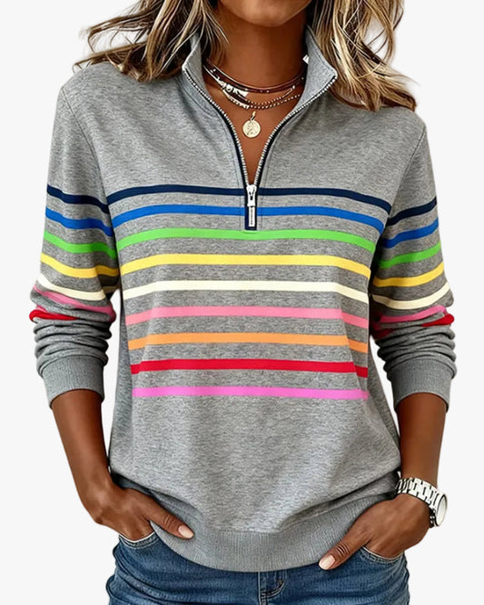 Women's Quarter Zip Knit Pullover with Striped Bands - Stylish & Comfortable Sweater