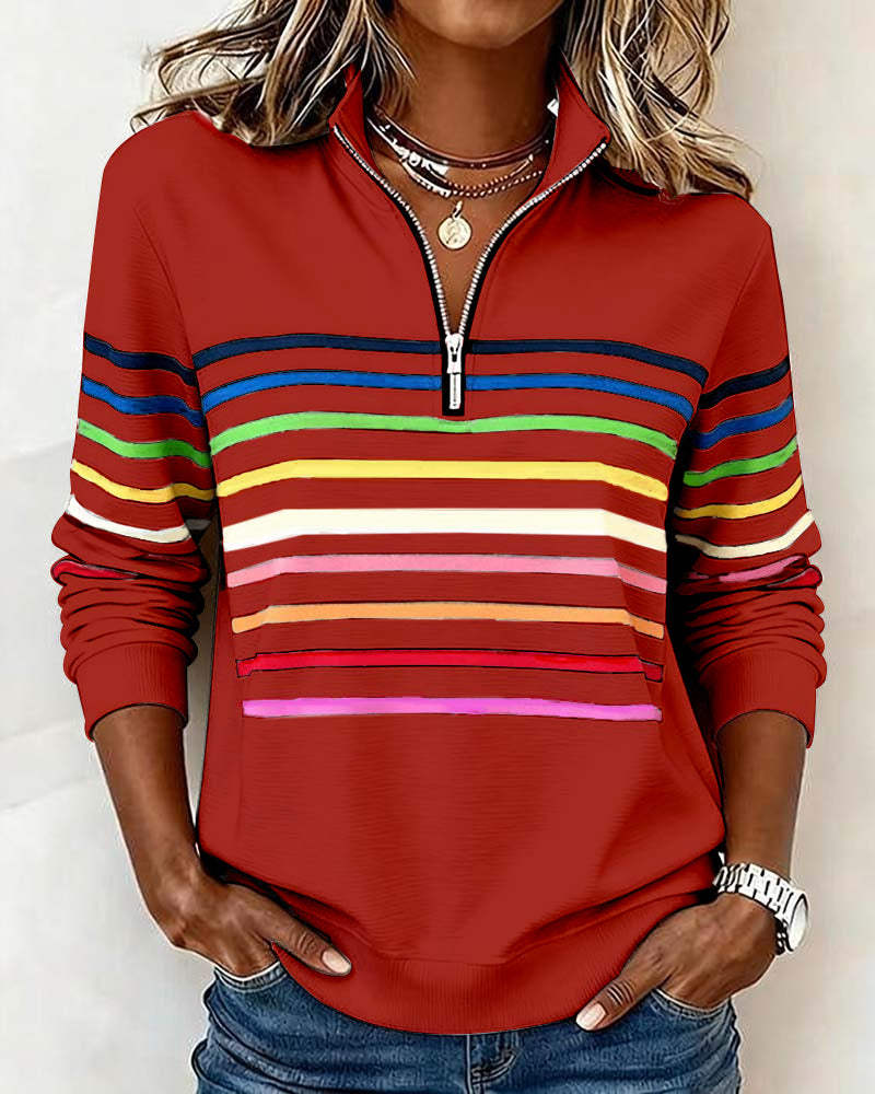Women's Quarter Zip Knit Pullover with Striped Bands - Stylish & Comfortable Sweater